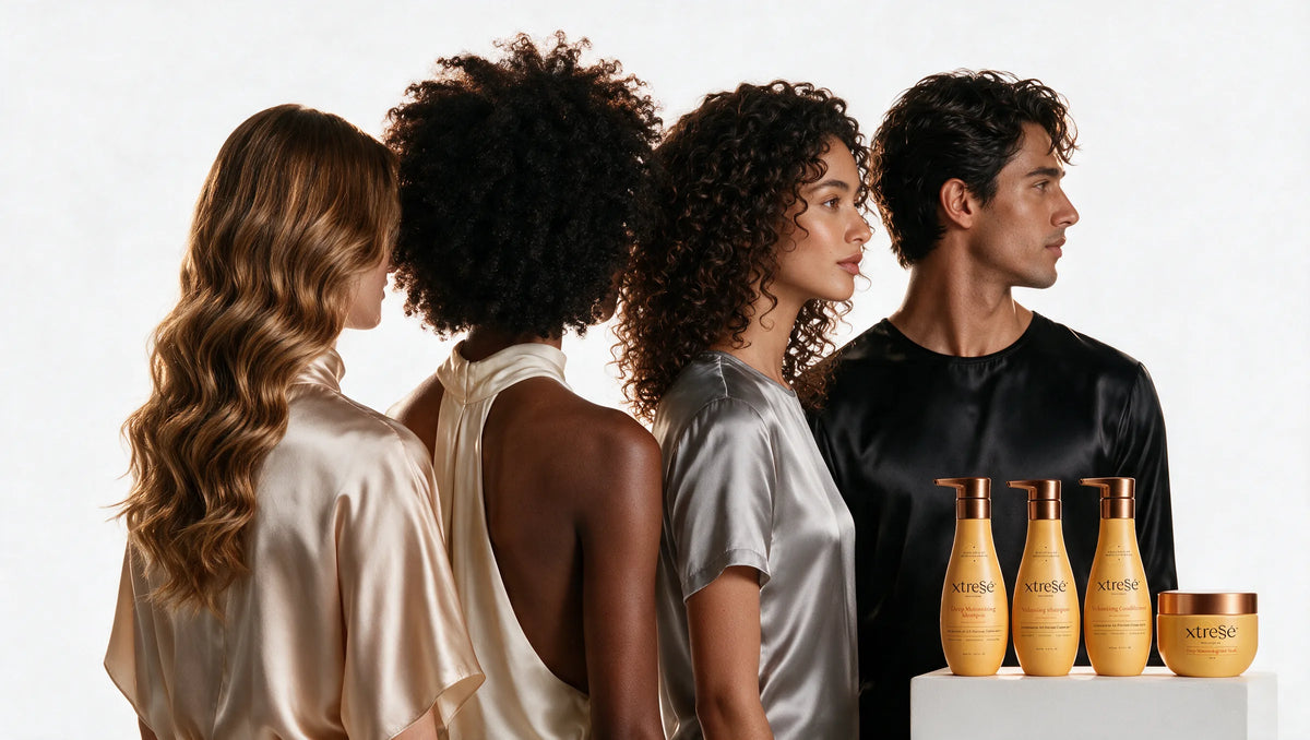 Four people with straight, wavy, curly and coily hair, next to the Xtressé Volumizing Shampoo, Volumizing Conditioner, Deep Moisturizing Shampoo and Deep Moisturizing Hair Mask