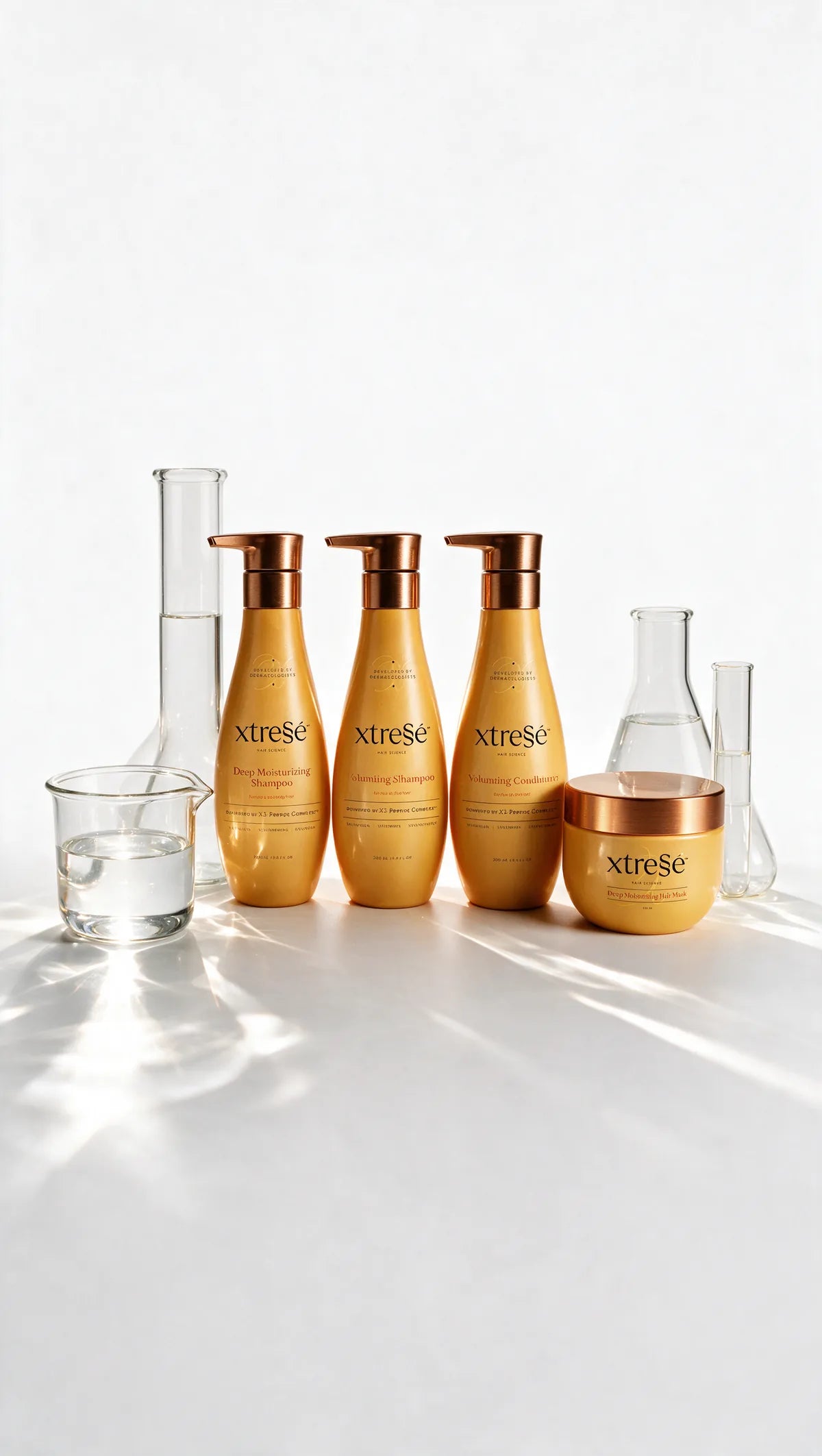 Xtressé shampoos, conditioner and hair mask lined up with laboratory glassware.